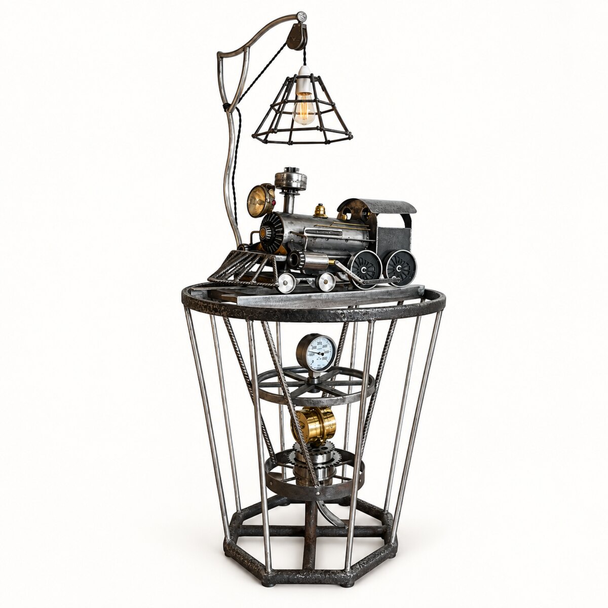 Steampunk locomotive lamp table made from reclaimed metal and mechanical parts
