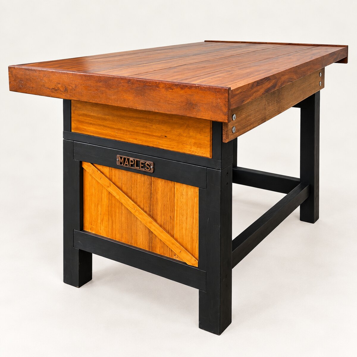 Timber outdoor worktable on a black steel frame