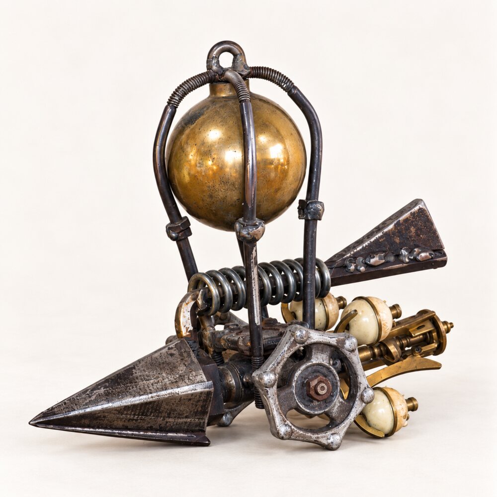 Steampunk air balloon sculpture made from reclaimed mechanical parts