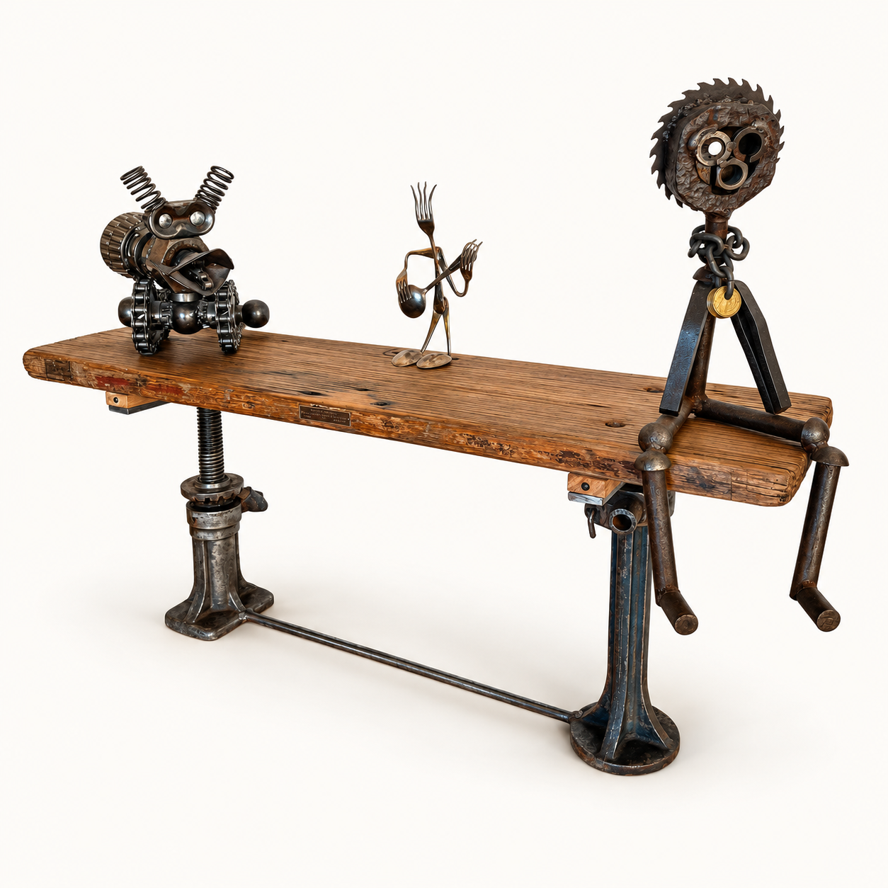 Rustic side table with reclaimed timber top supported on vintage mechanical jacks